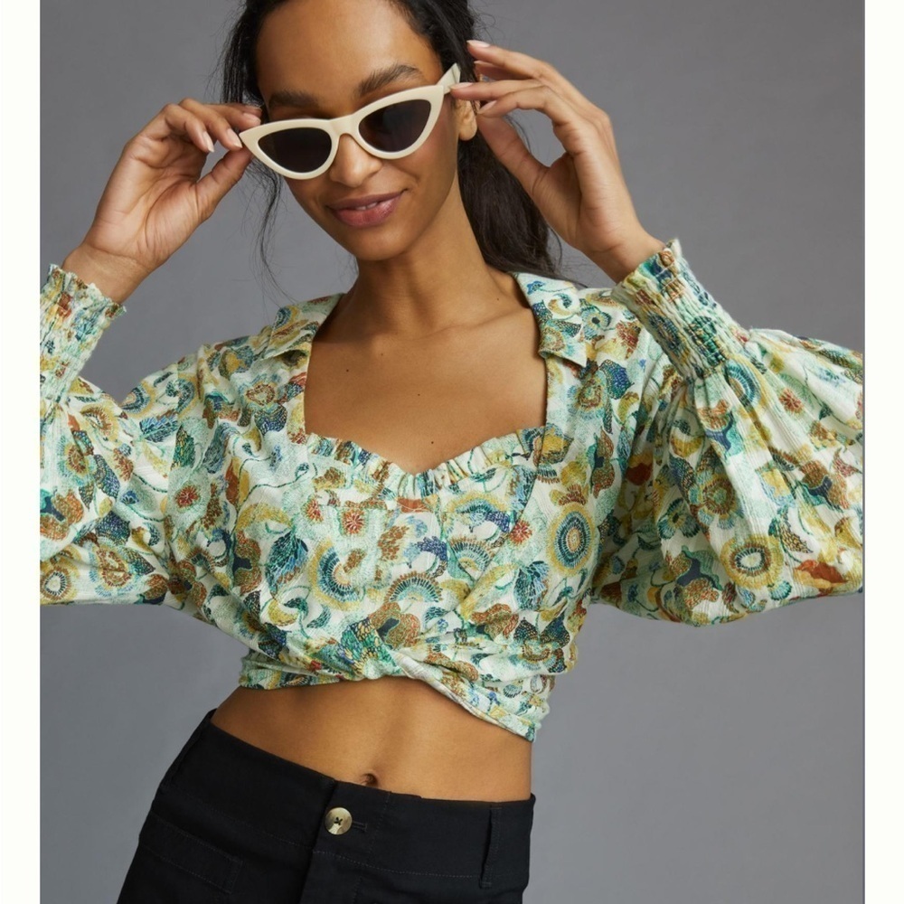 by Anthropologie Green Floral Twist Crop Top Billowy Balloon Long Sleeve